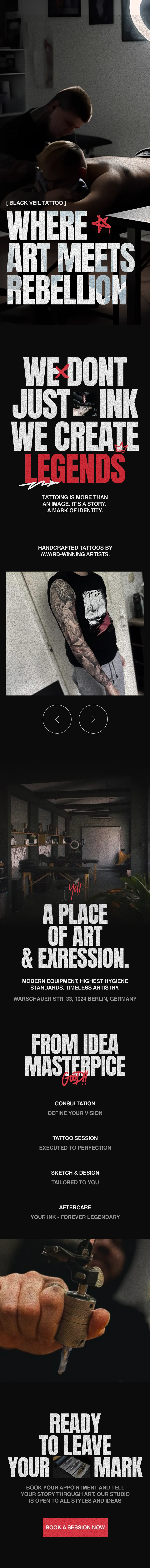 Black Veil Tattoo mobile layout, from hero to footer