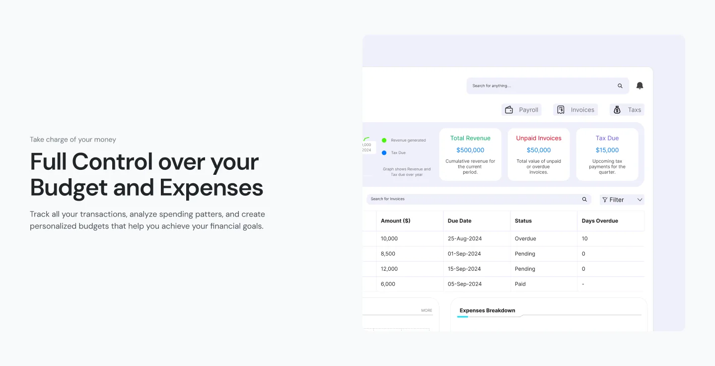 Firely 'Full control over your budget' section with dashboard table