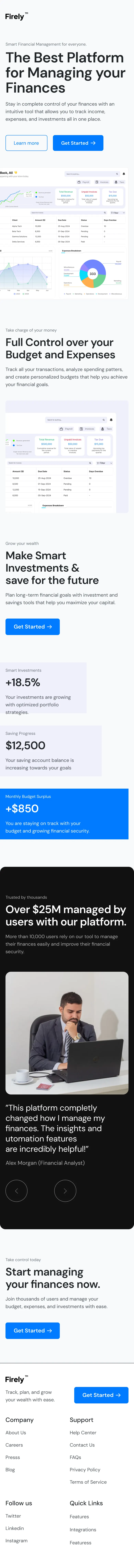 Firely mobile layout, from hero to footer