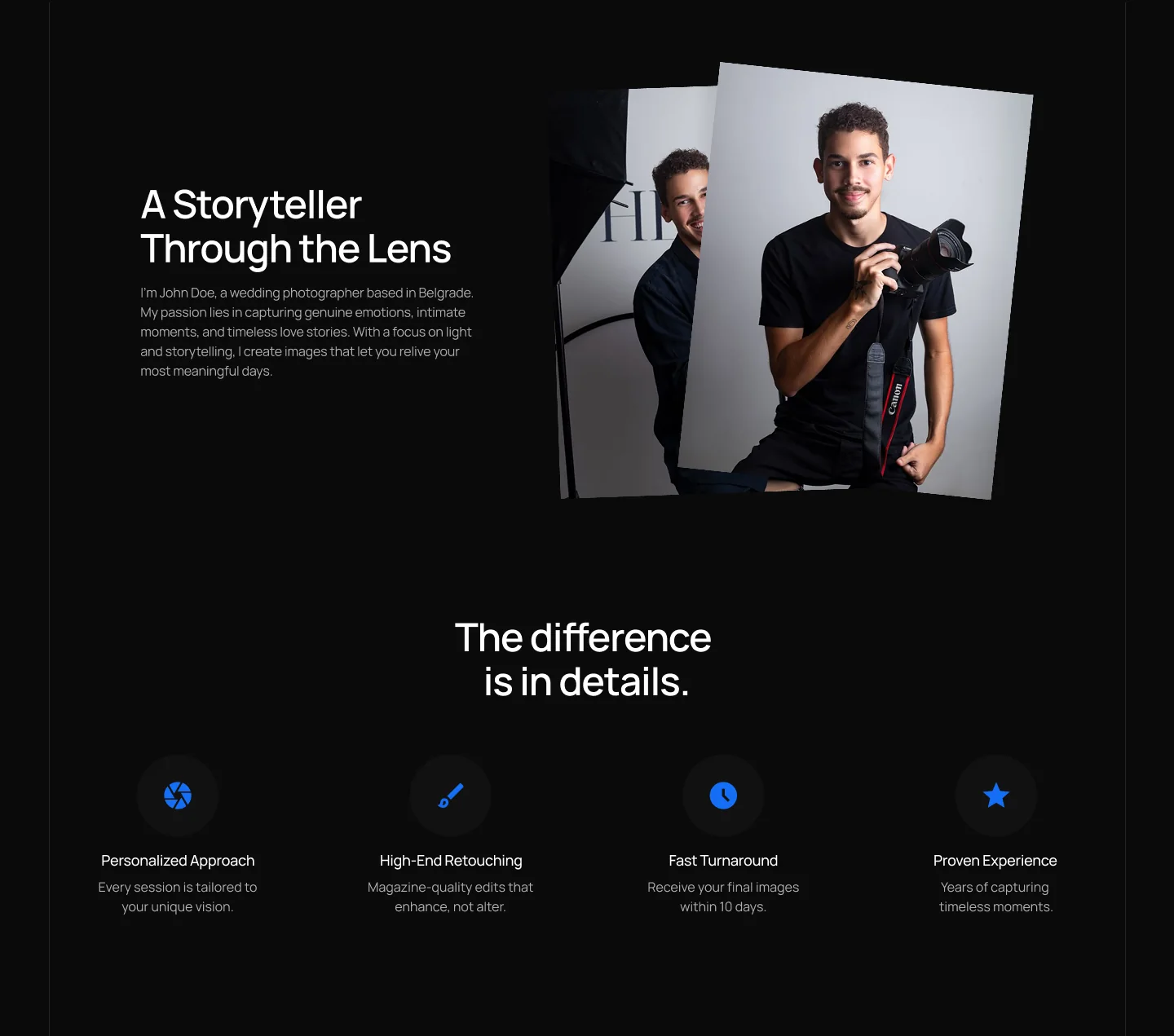 About section with photographer portrait